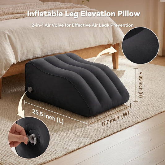 Inflatable Leg Elevation Pillow for Sleeping, Blood Circulation | Ergonomic Wedge Pillow for Swelling, Portable Travel Leg Rest Cushion, Black