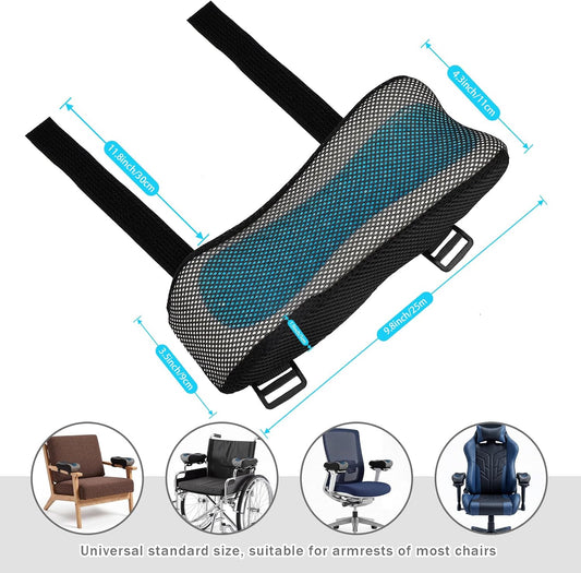 THARAHT 2pcs Ergonomic Blue Mesh Gel Memory Foam Armrest Support Pillow Anti Slip Adjustable Office Chair Games Home Wheelchairs