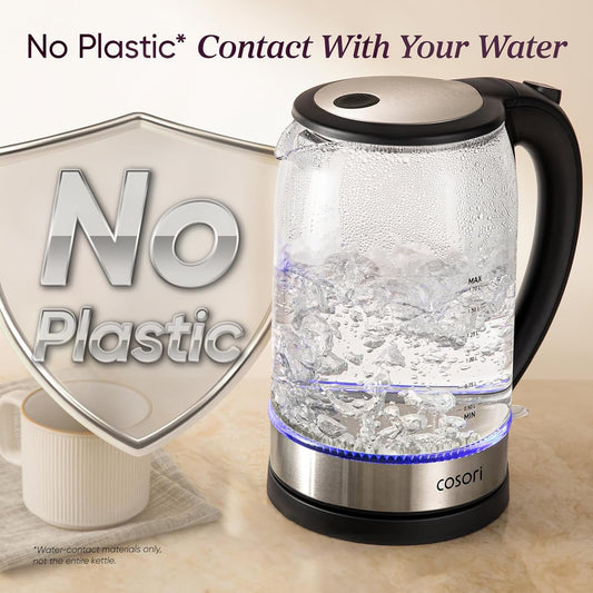 Cosori Electric Kettle, No Plastic Contact with Water, 1.7L, Black | Wide Opening, Easy to Clean, Auto Shut-Off, Boil-Dry Protection, Tea Kettle, Hot Water Boiler, Borosilicate Glass, 1500W