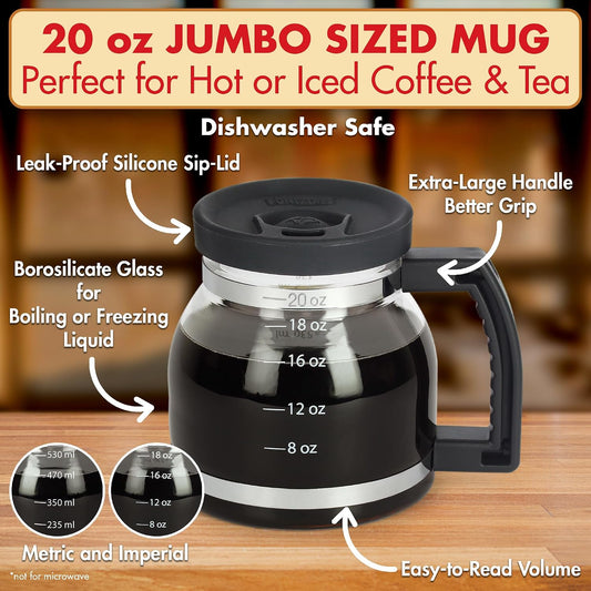 Funwares Cupa Joe Gift Set, 20 oz Glass Coffee Mug + Electric Mug Warmer | Keeps Coffee Hot All Day, One-Touch Warmer with Auto Shut-Off, Spill-Proof Lid, Borosilicate Glass, Desk & Office Gift
