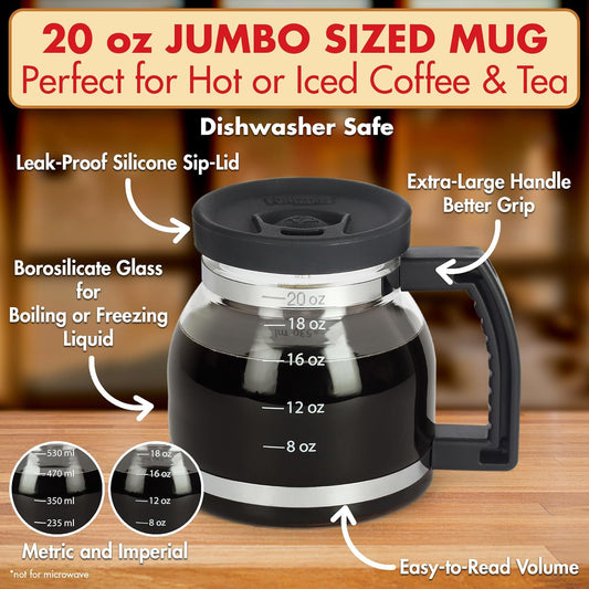 Funwares Cupa Joe Gift Set, 20 oz Glass Coffee Mug + Electric Mug Warmer | Keeps Coffee Hot All Day, One-Touch Warmer with Auto Shut-Off, Spill-Proof Lid, Borosilicate Glass, Desk & Office Gift