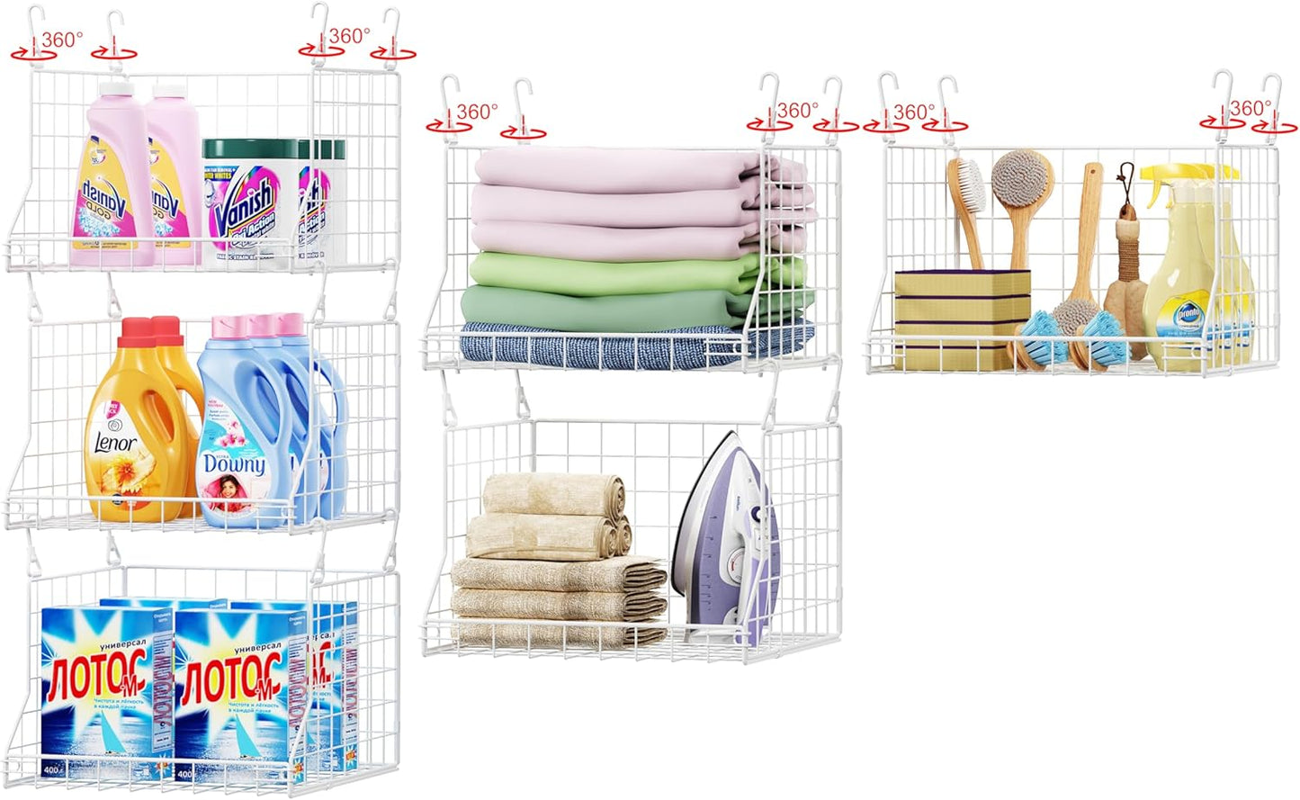 3-Tier Foldable Laundry Basket Organizer with Rotating Hooks(no wire shelf) | Space-Saving Over Washer and Dryer Shelf for Laundry Room Organization and Storage, Durable Wire Shelving Unit, White