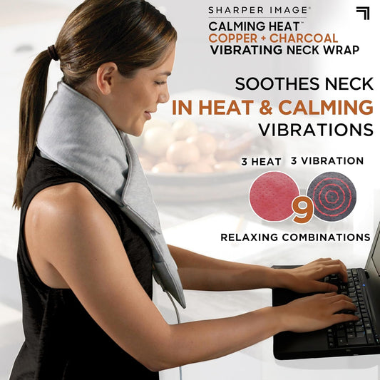 Calming Heat Neck Wrap by Sharper Image with Power Pack | Weighted Copper & Charcoal, Heating Pad, Auto Shut-Off Feature, Gift for Holidays, Women & Men | 3 Heat & 3 Vibrating Massage Settings