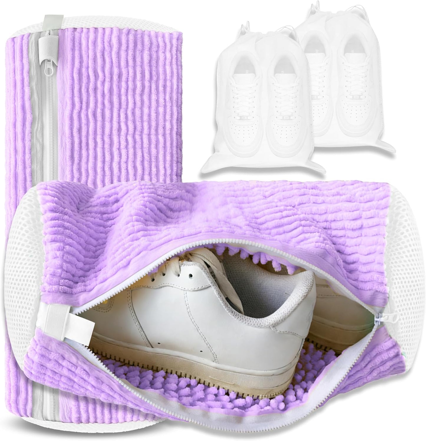 Reusable Shoe Washing Bag, 2-Pack Chenille Laundry Bag for Washer & Dryer. | Soft chenille fibers help deep clean sneakers while the hidden zipper keeps shoes secure and helps protect your washer.