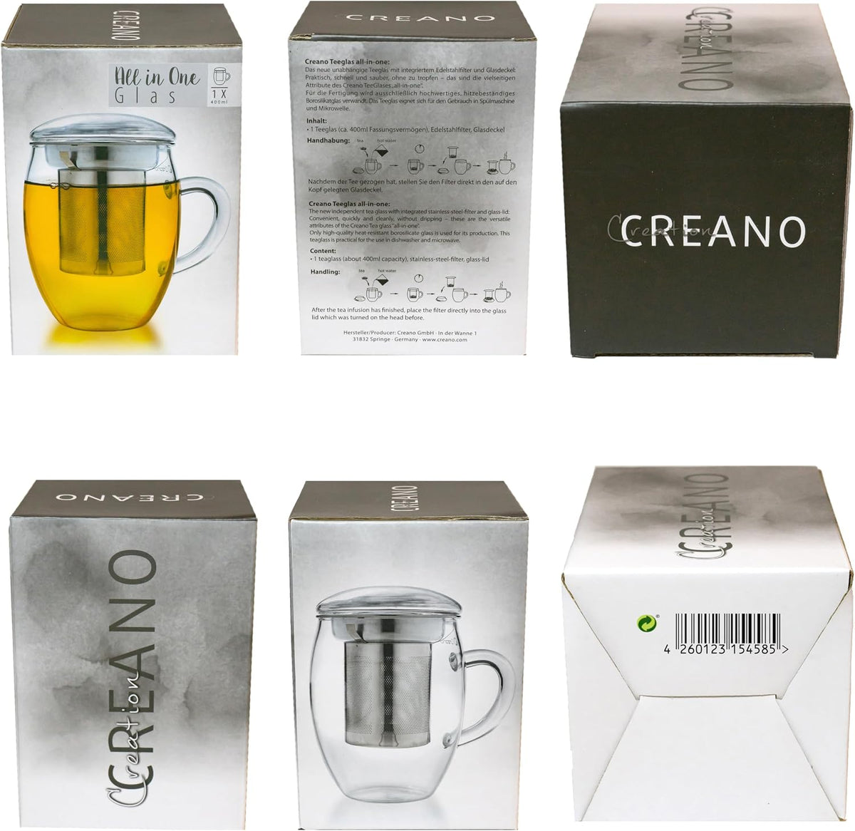 Creano Tea Glass with Infuser and Lid 400ml - Large Tea Cup - Microwave & Dishwasher Safe - Loose Leaf Tea Maker Gift Set