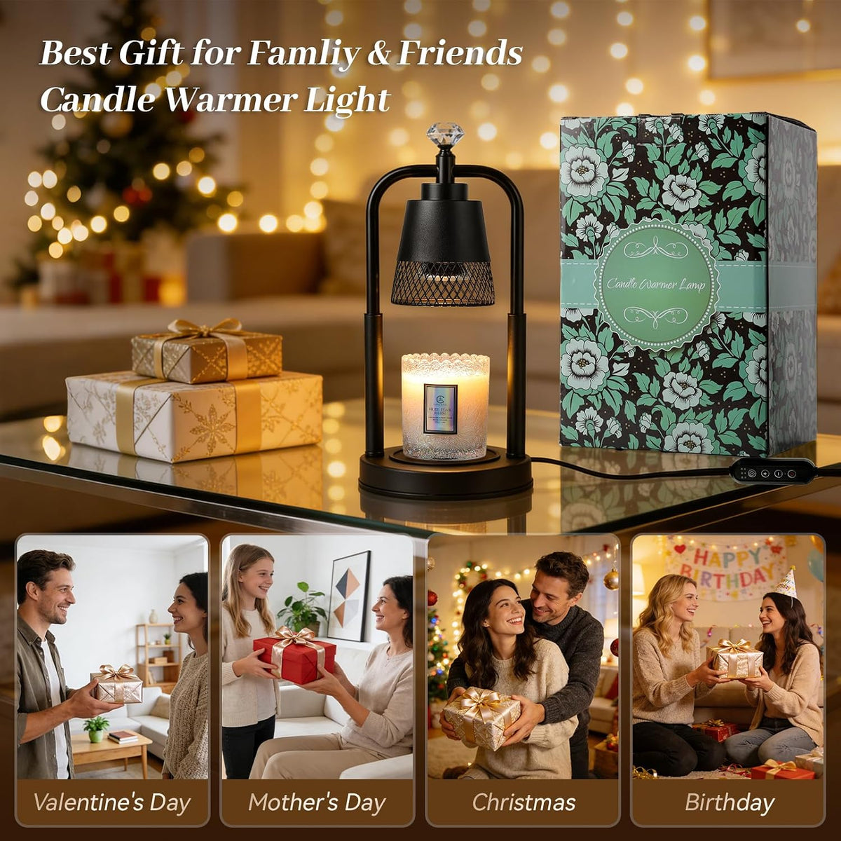 Table Lamp Candle Warmer Flameless 2.5- 6.5in Height Adjustable Timer Dimmer Wax Melt Warmer Lamp for Large 3 Wicks Jar Candles Modern Bedside Lamp for Mothers Day House Warming Home Decor Living Room