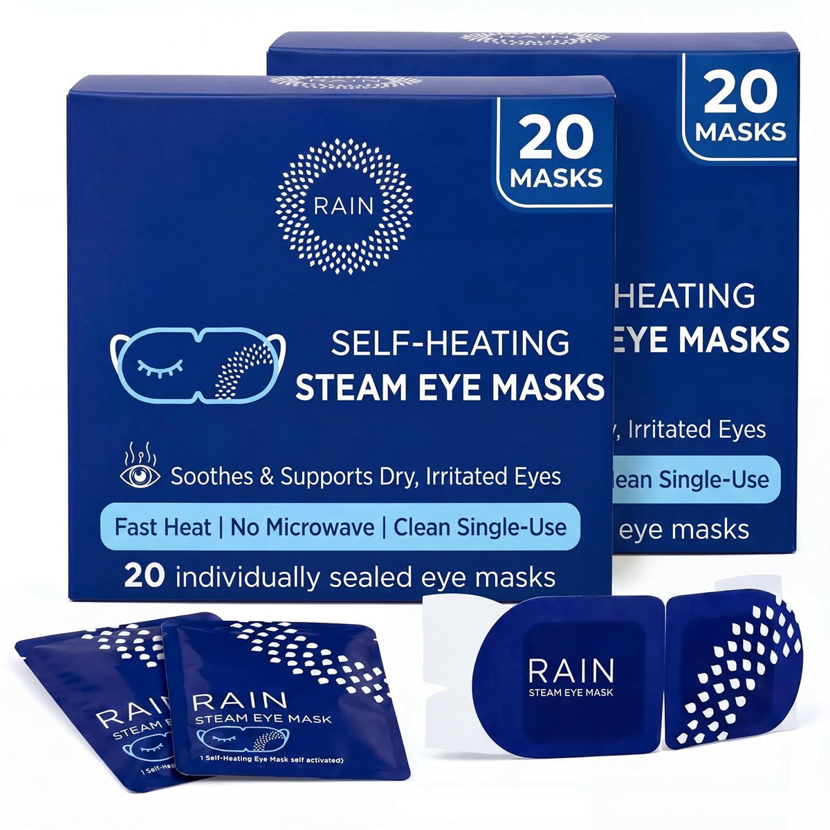 Rain - Heated Eye Mask for Dry Eyes, Self Heating Steam Eye Masks Disposable, Warm Compress for Eyes, Stye Treatment, Moist Heat, Unscented, No Microwave, Travel Ready (20 Masks)