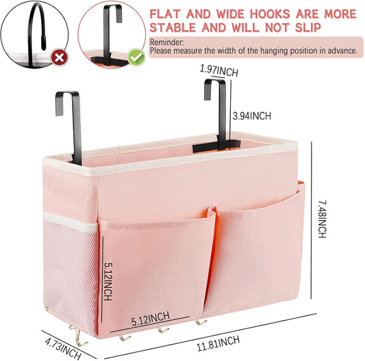 Bedside Caddy Organizer 5 Pockets and 4 Hooks for Bunk Bed Pink