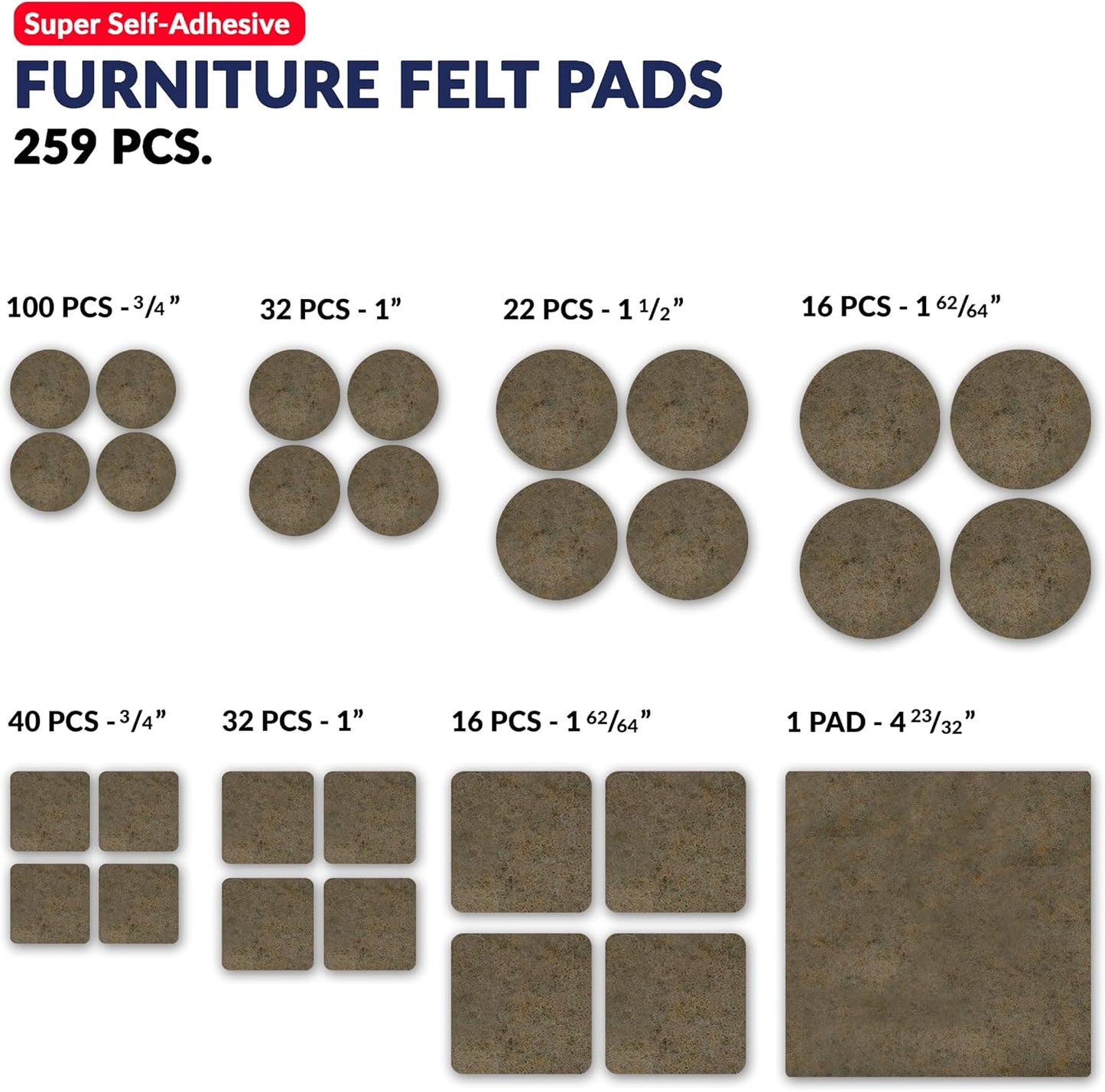 Furniture Felt Pads Brown 144 Pcs Strong Self Adhesive Protectors for Hardwood Floors Laminate Flooring Furniture Feet Chair Legs Table Cabinet Couch Non Scratch Peel Stick Felt Pad Set for All Floors