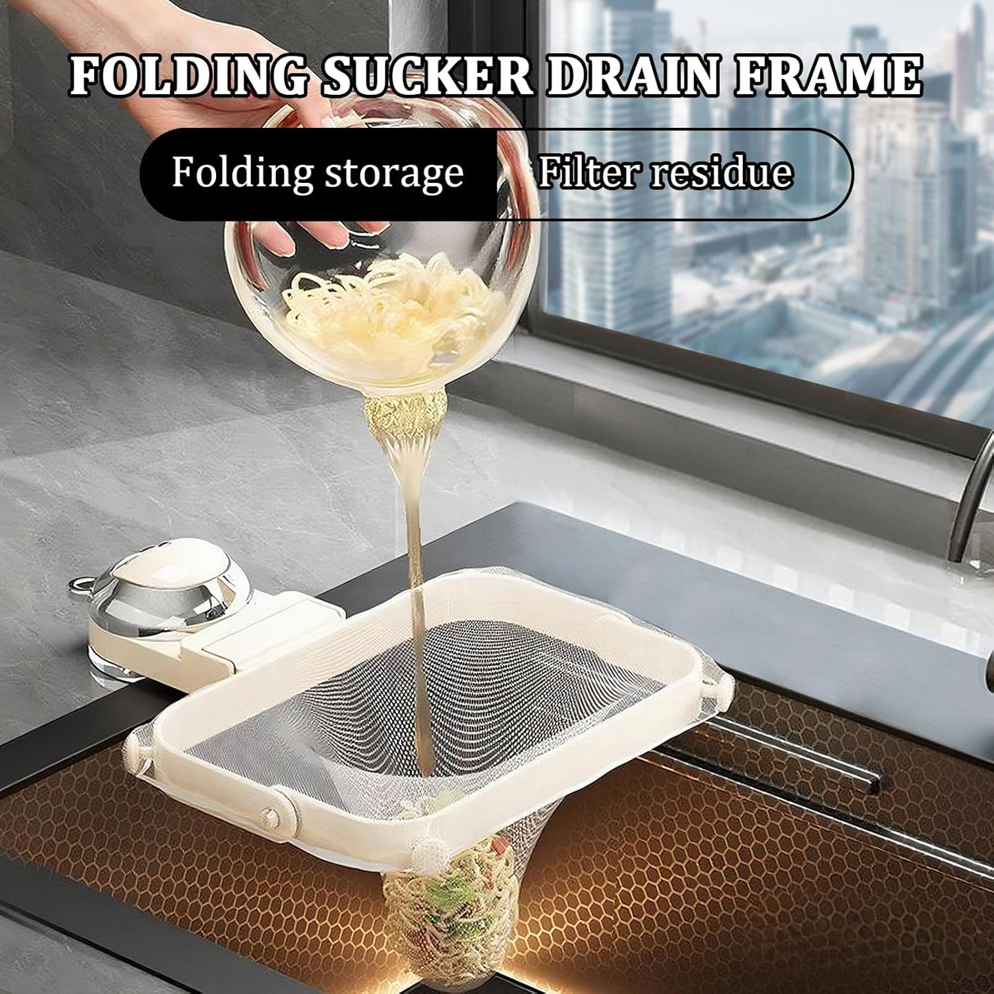 Kitchen Sink Strainer with Filter Mesh Bag, Food Waste Filter Basket, Suction Cup Folding Washing Vegetables and Fruits Drying Bag Holder