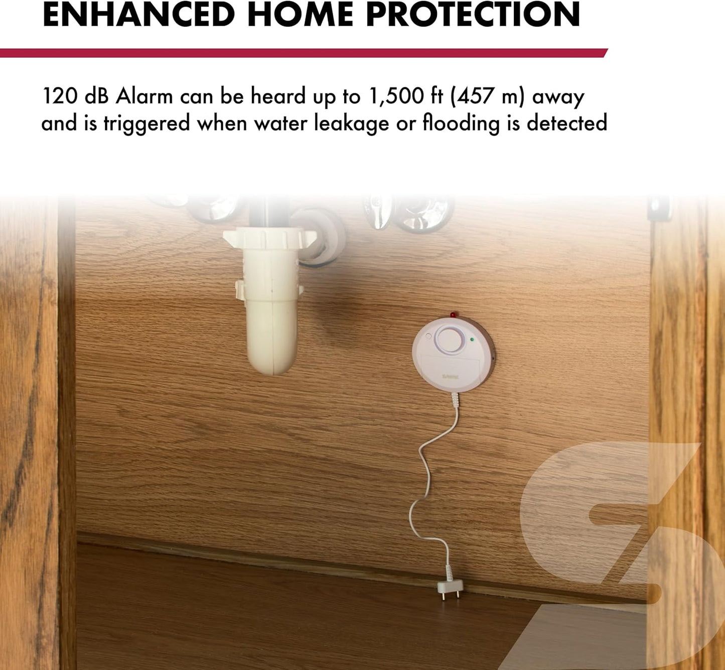 SABRE Water Leakage Alarm, 110 dB Alarm, Audible Up To 1,500-Feet (457-Meters), All Direction Water Sensor, High and Low Volume Settings, Battery Test Button