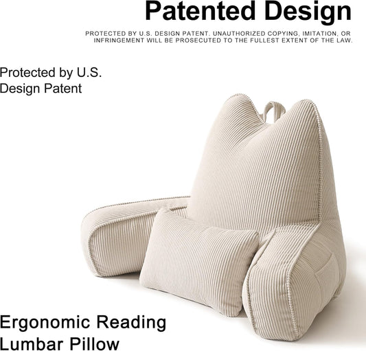 Patented Design Reading Pillow with Arms for Sitting Up, 2-in-1 Bed Rest Pillow with Detachable Lumbar Support, Backrest Support Cushion for Couch with Side Pockets & Handle, Beige Gray
