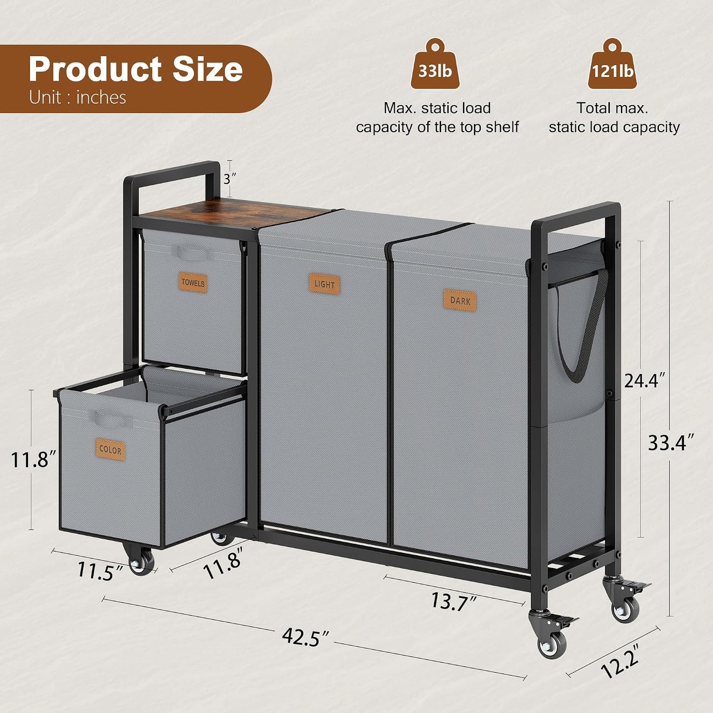 Hoctieon 4 Section Laundry Cart, 52.8 Gal. (200L) Laundry Hamper with Lid, Laundry Basket with Wheels, Rolling Laundry Sorter Organizer with Shelf, Clothes Separator with Removable Bags, Black