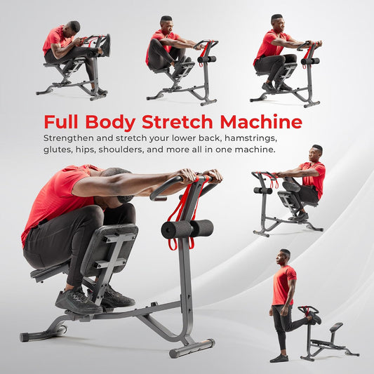 Sunny Health & Fitness Full Body Stretch Machine Back Stretcher Pivot Seat | Pivoting Seat, Multi-Use Handlebar, Padded Back Support, Full-Body Stretching, Flexibility Training, Home Gym Use