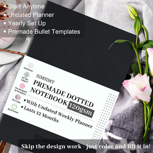 Premade Dotted Journal Notebook with Bullet Templates, Pre-made Dot Grid Journaling with Undated Weekly & Monthly Planner, Various Trackers - 12 Month Organization, A5 Hardcover