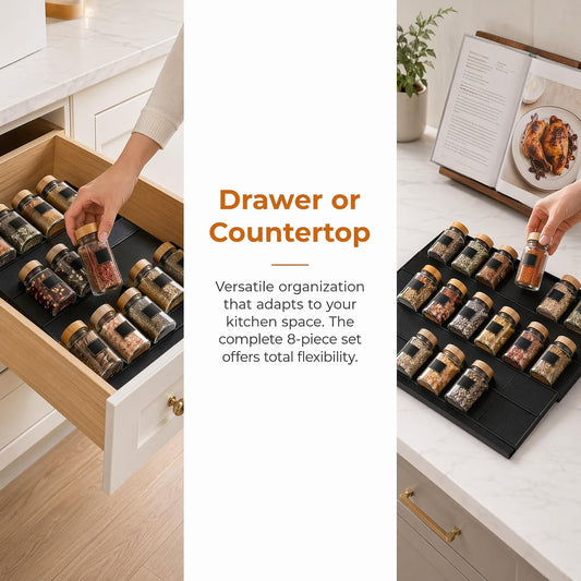 8 Pack Expandable Spice Drawer Organizer Tray Insert for Kitchen | Holds 32 jars, 4 tier steps, tool-free assembly, easy clean surface