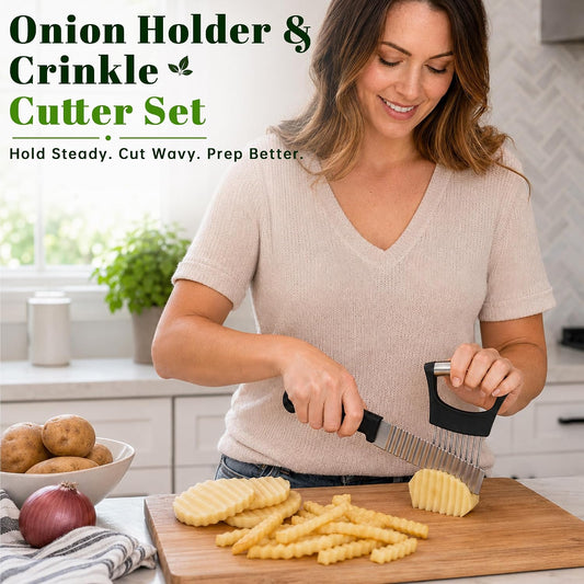 Onion Holder for Slicing & Crinkle Cutter Knife, 2 Piece Kitchen Prep Tool Set, Stainless Steel Onion Slicer Prongs, Wavy Knife, Potato Cutter for Fries, Tomato, Cucumber, Carrot