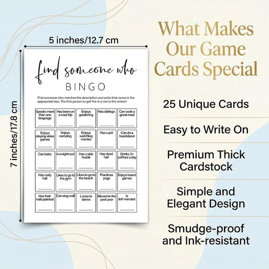 Find Someone Who Bingo Cards, 25 Unique 5x7 Sheets, Get to Know You Activity, Team Building Games for Work, Ice Breakers Games for Office Party-A04