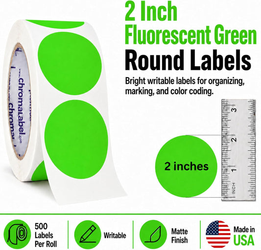 ChromaLabel Fluorescent Green Dot Stickers, 2 Inch, 500/Roll