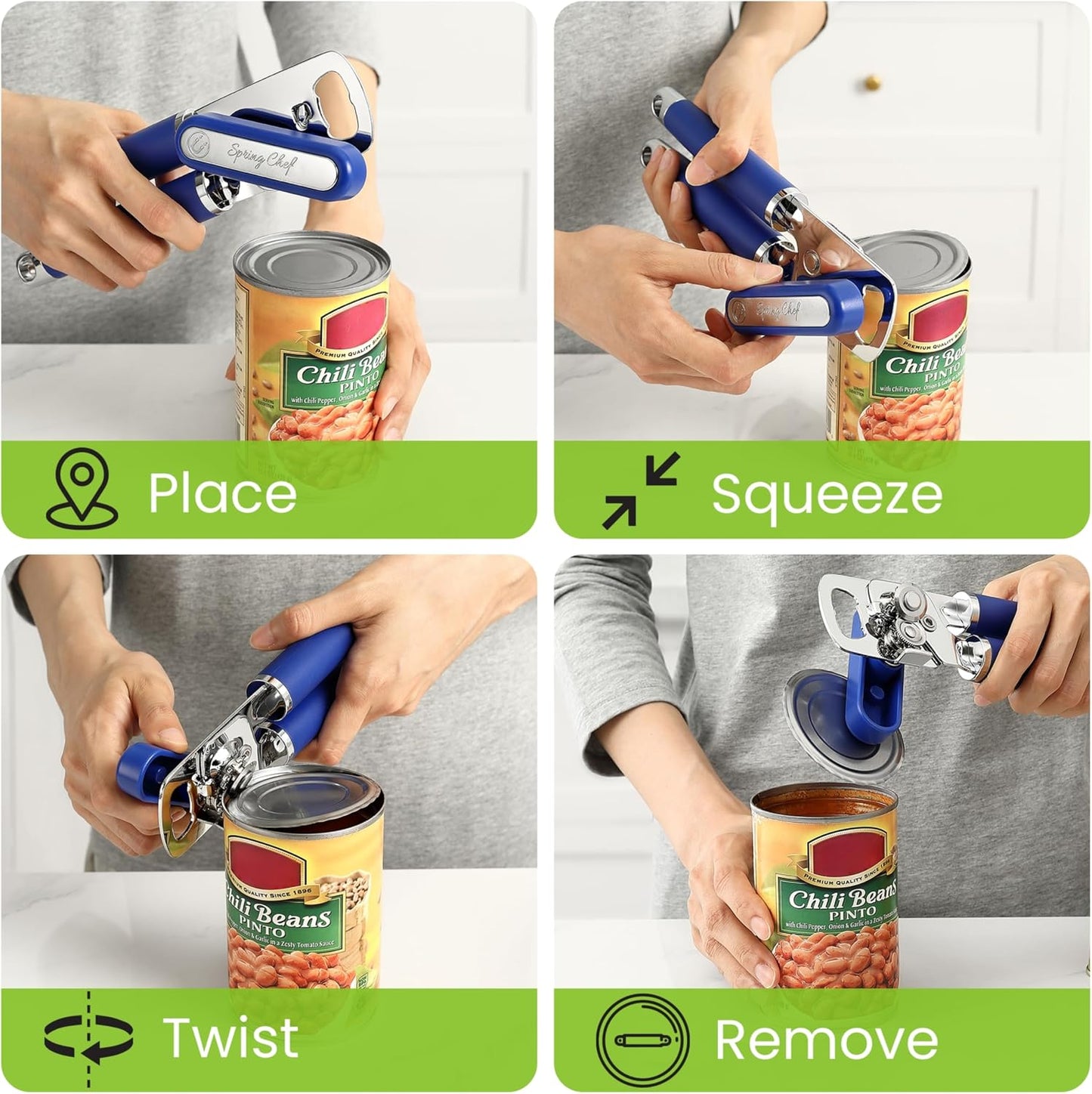 Spring Chef Stainless Steel Manual Can Opener with Soft Grip Handles, Black | Heavy Duty Hand Can Opener for Seniors with Smooth Edge, Easy Turn, 3in1 Can Opener with Magnetic Lid Remover & Bottle Opener