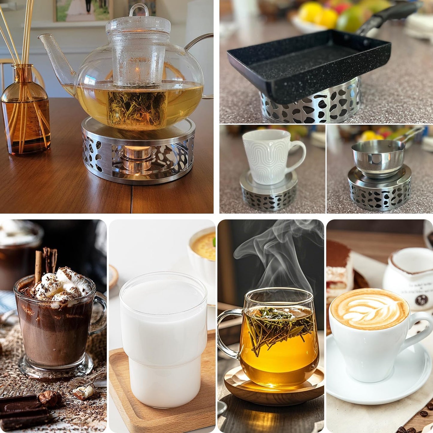 4 PCS 6 inch Round Teapot Warmer, Stainless Steel Teapot Warmer with Candle Base, Elegant Tea Pot Warmers for Keeping Tea, Coffee & More Warm, Perfect for Home, Office & Travel(Gold)