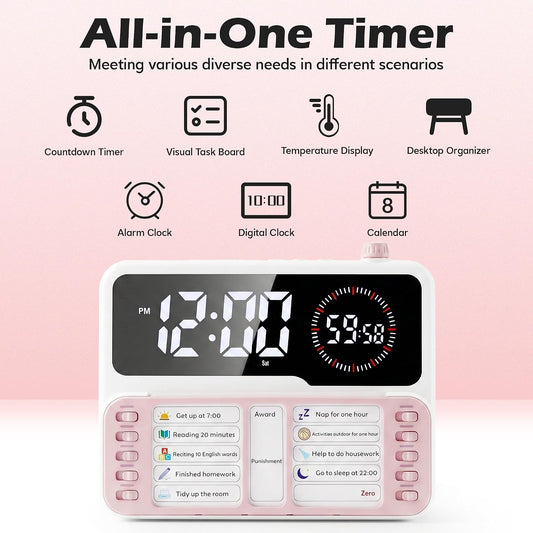 Visual Timer for Kids/Adults, ADHD Tools for Kids with Visual Schedule, 6-in-1 Time Timer with Alarm/Countdown/Digital Clock/Chore Chart, Smart Autism/ADHD Task Timer for Home Classroom - Pink