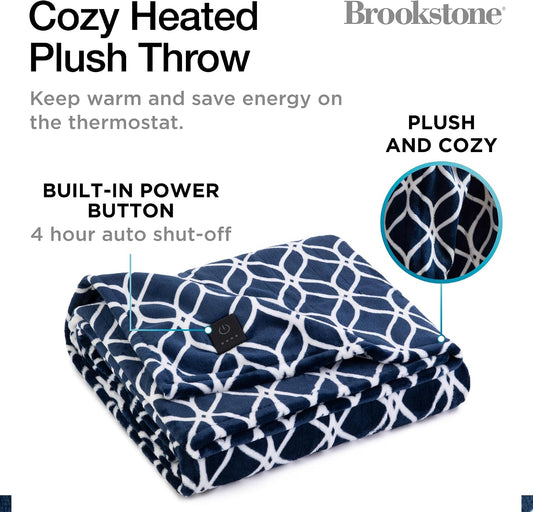 Brookstone Electric Heated Plush Throw - Heated Blankets - 4 Heat Settings, 4-Hour Auto Shut Off, 100% Polyester, 50"x60" - Blue Trellis