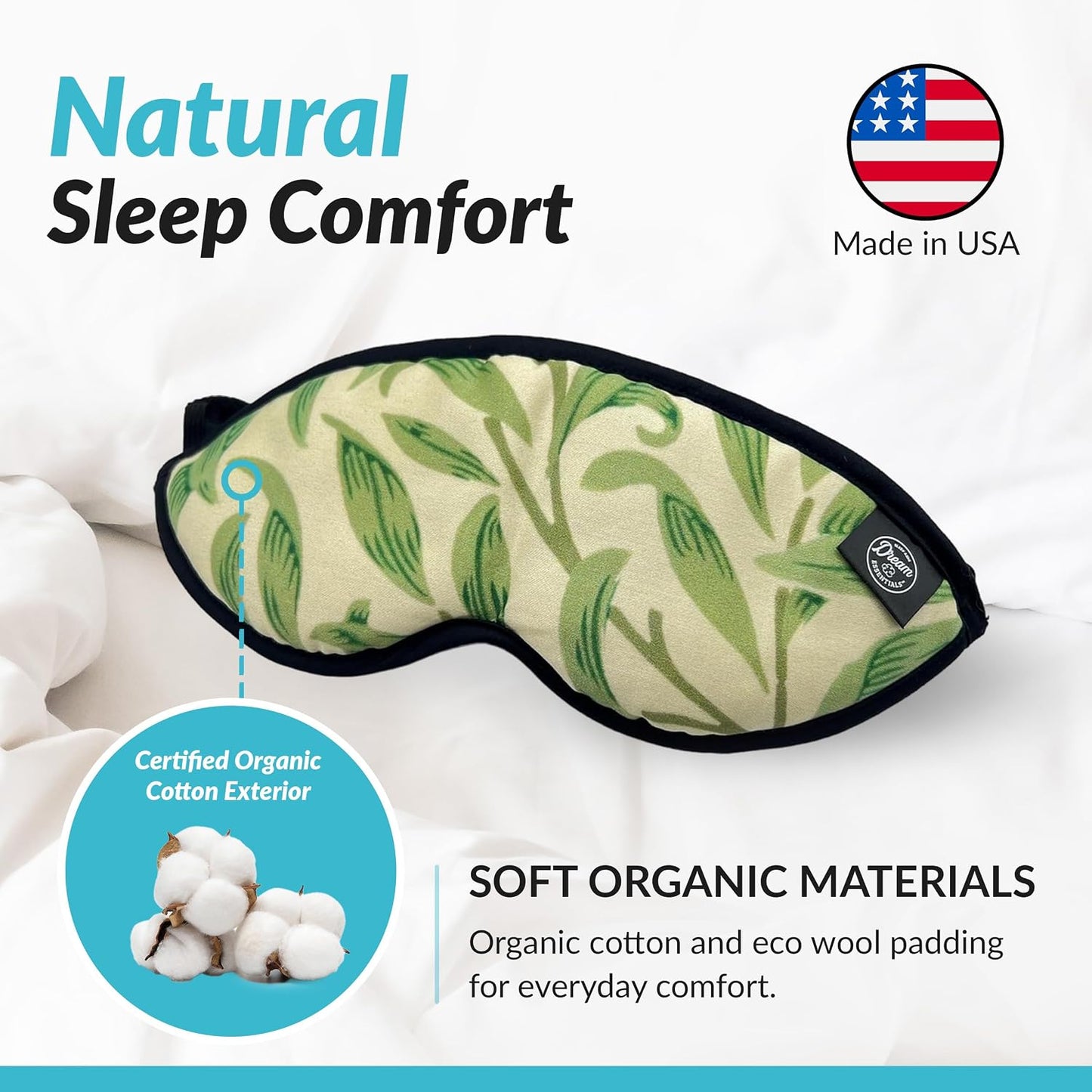 Dream Essentials Natura Organic Cotton Sleep Mask | Twilight Blue | Eye Mask for Sleeping, Light Blocking Soft Sleep Eye Cover with Eco Wool Padding | Made in USA Travel Accessories