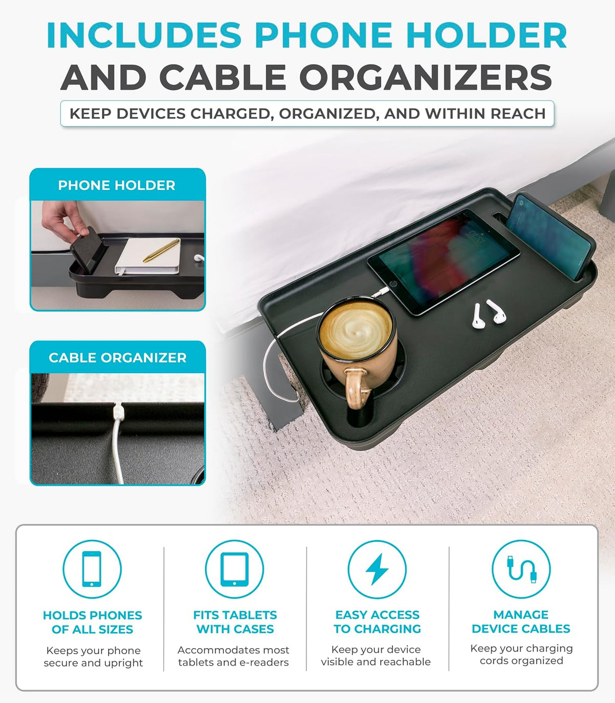 Stander Wonder Bedside Shelf, Bedside Caddy Organizer & Bunk Bed Shelf, Space-Saving Floating Nightstand for Seniors & Dorm Rooms, Bedside Tray Table with Phone Holder, Cup Holder & Cable Organizer