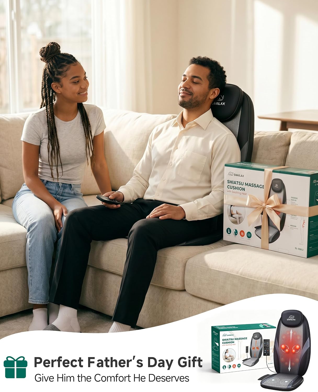 Snailax Shiatsu Back Massager with Heat, Deep Kneading Massage Chair Pad for Neck, Shoulders, Full Back & Waist, Adjustable Roller Massage Seat Cushion for Home Office, Pain Relief, Gift for Men Women