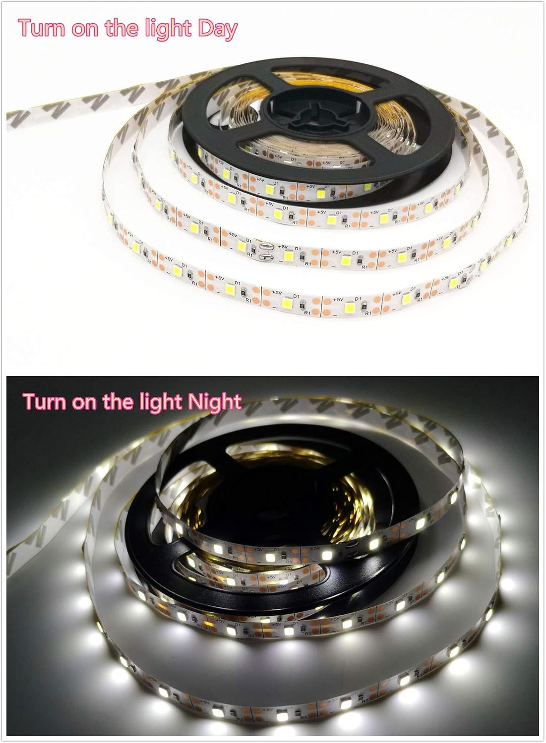 Battery Powered,Motion Sensor Led Light Strips Smart Night Light Motion Activated Led Strip Light for Room Cool White Light-5M / 16.4ft