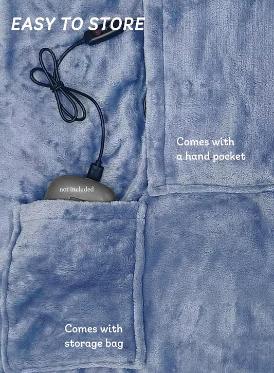 USB Heated Blanket, Heating Lap Blanket Throw, Wearable Soft Outdoor Cozy Travel Throw for Stadiums, Picnics, Travel, Camping, Hiking, and Wheelchair Use, Light Blue