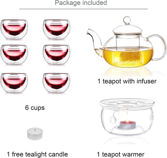 Jusalpha 11 PC-Glass Filtering Tea Maker Teapot with a Warmer and 6 Tea Cups Set (Version 2, 27-Oz) | 6 units of 1.7 oz tea cups, tea set comes with a 27 oz teapot with a removable infuser