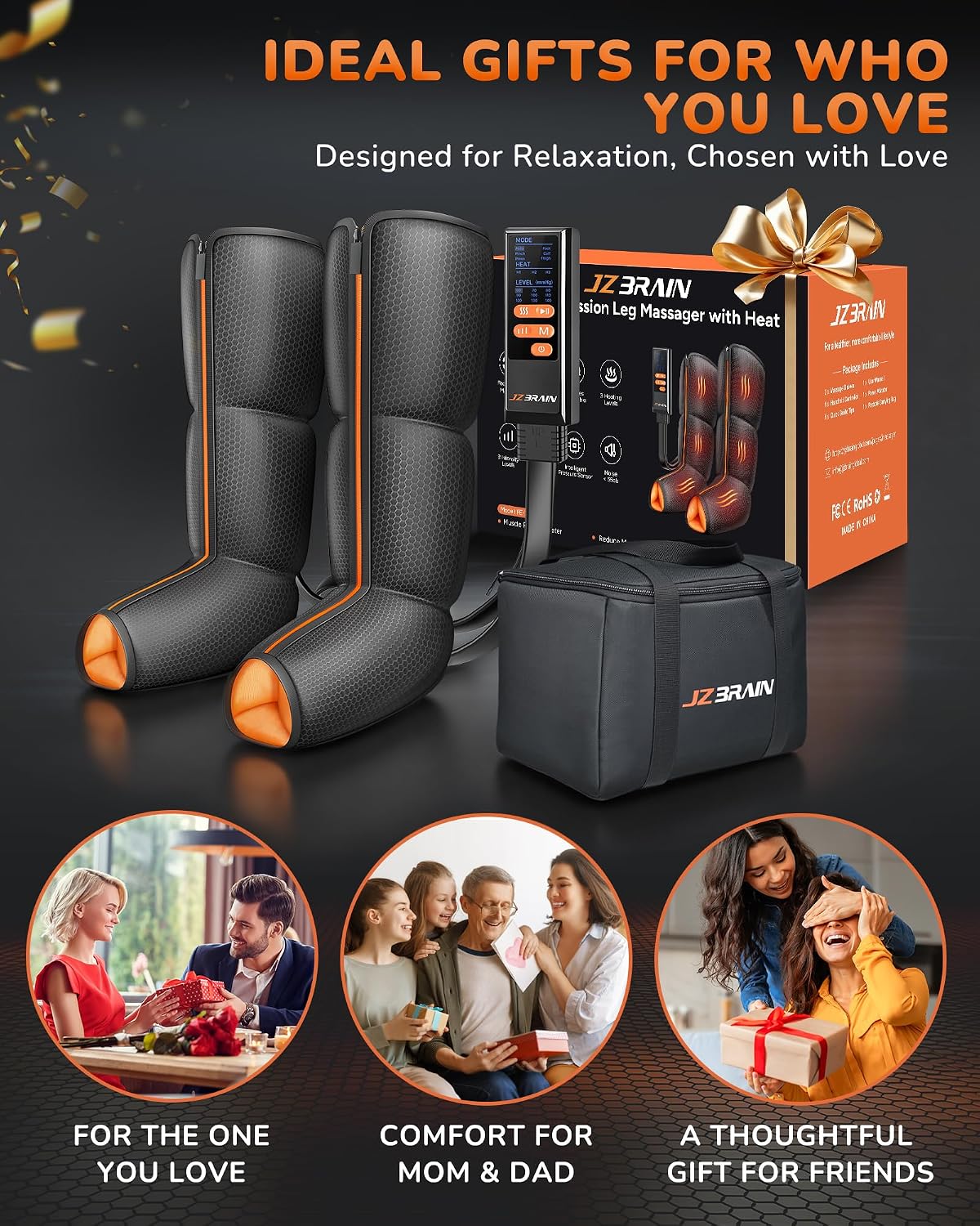 JZBRAIN Leg Compression Massager with Heat for Circulation, Pain Relief | Foot and Calf Massage Therapy, 9 Intensity, 6 Modes, 3 Heating, Plug-in Use, Massage for Women, Men, Father, Mother