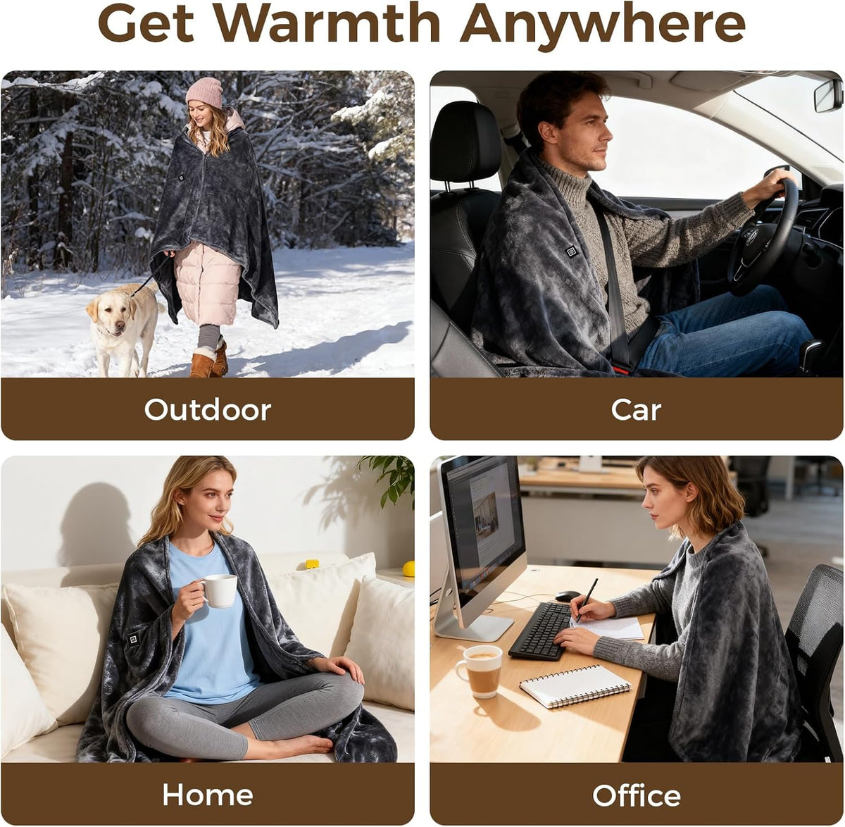 Cordless Portable Heated Blanket Battery Operated, 20000mAh Battery Rechargeable Heated Blanket with 3 Heating Levels, 70"x40" USB Wearable Electric Blankets for Camping, Home, Office, Car.