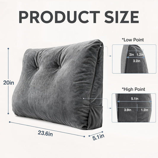 Couch Back Cushion, Shredded Foam Lumbar Support Pillow with Side Pocket | Triangle Ergonomic Back Pillow with Removable Linen Cover for Sofa, Armchair, Bed Sitting, Couch Pillow for Reading TV Gaming