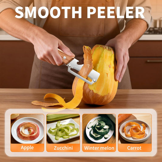 Vegetable Peeler for Kitchen, Stainless Steel Blade with Wooden Handle | 2-in-1 MultiFunctional Fruit Vegetable Peeler, Sharp Wide Blade, Anti-Slip, Bottle Opener, for Potato Apple Pumpkin Prep