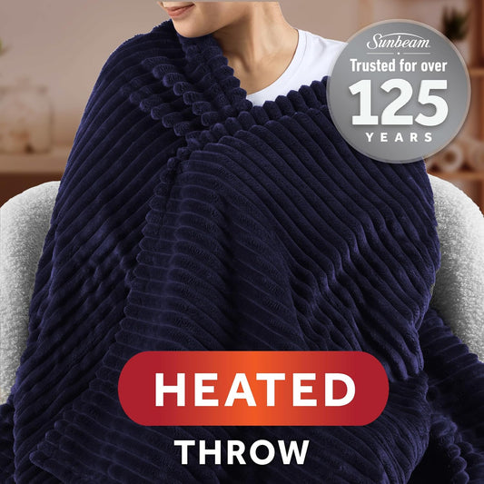 Sunbeam Royal Posh Velvet Heated Throw Electric Blanket, 50" x 60", 4 Heat Settings, 4-Hour Auto Shut-Off, Warming Throw for Couch, Fast Heating, Machine Washable, Warm and Cozy, Rain Storm Blue