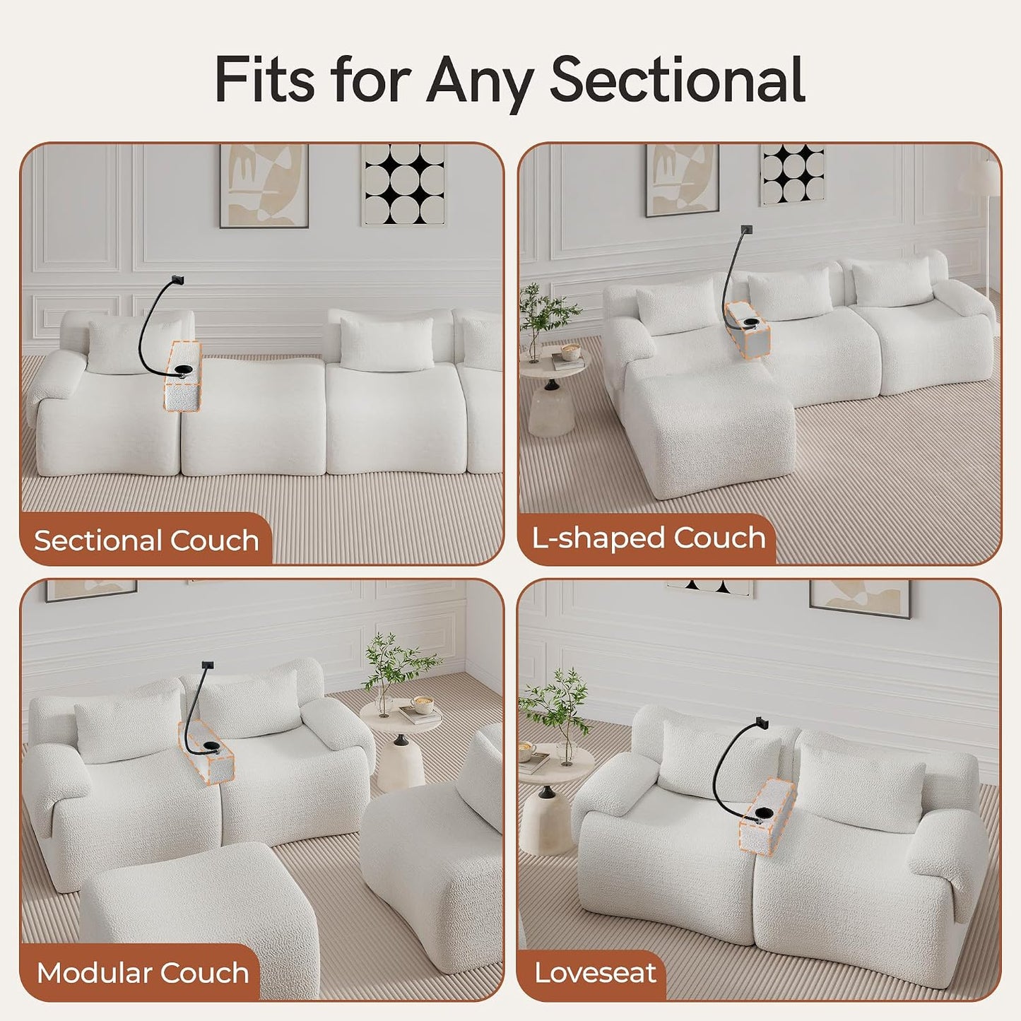 Couch Caddy with Cup Holder, 20.3 Inch White Armrest Console | Removable Sofa Armrest Organizer with Charging and Phone Holder, Storage for Remotes, Snacks and Everyday Essentials