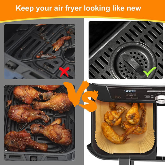 Air Fryer Liners Disposable for Ninja Dual, 8.6 x 5.5in, 100 Pcs | Rectangular parchment liners for Ninja DZ201/DZ401 and other dual-basket air fryers; nonstick, oilproof and easy to dispose
