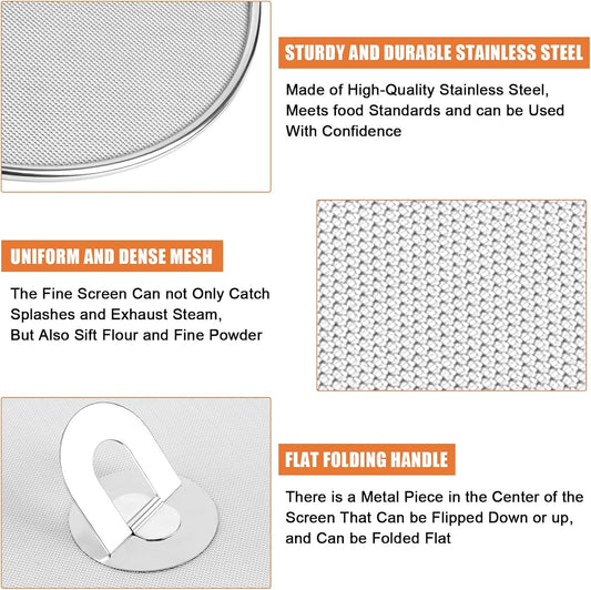3-Pack Splatter Screens for Frying Pan - 10", 11.5", 13" Stainless Steel Grease Splatter Guard with Foldable Knob, Ultra-Fine Mesh, Rust-Free - No Oil Mess, No Burns, Ultra Fine Mesh