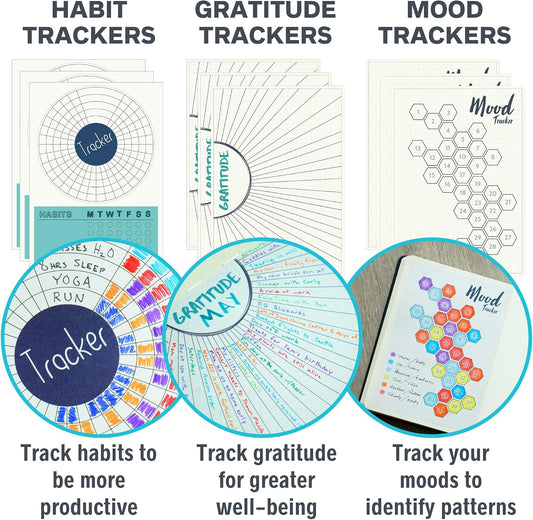 Improve Yourself Planner Stickers Set - Large Value Pack 24 Sheets Self-Improvement Sticker Pack - Goal Setting, Habit Trackers, Gratitude, Mood Tracker, Colorable Mandalas for Bullet Dotted Journals