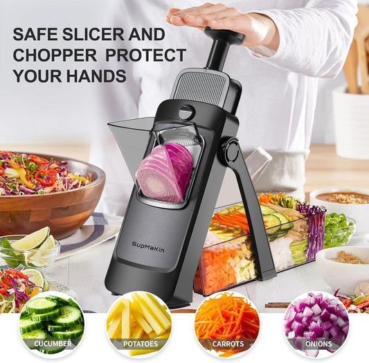 SupMaKin Safe Mandoline Slicer for Kitchen,Adjustable Potato Slicer 1-8 mm | 4 Modes Slice, Strips,Julienne Dicer,Vegetables Slicer Fry Food Cutter,Stainless Steel Blades, Foldable Dishwasher Safe,Gifts
