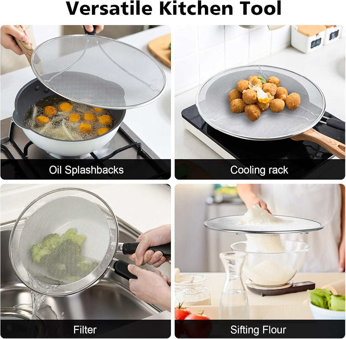 Splatter Screen for Frying Pan - 9.8" 11.4" 13" Stainless Steel Fine Mesh Grease Splatter Guard with Silicone Handle, Hot Oil Splash Guard for Cooking to Prevent Oil Splatter, Safe Cooking