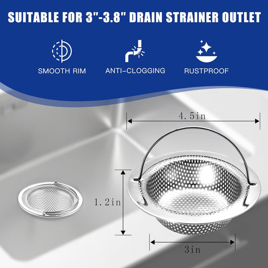 2 Pack Kitchen Sink Drain Strainer with Handle, Universal Stainless Steel Food Catcher Basket, Rust Free, Fits Most Kitchen Sinks