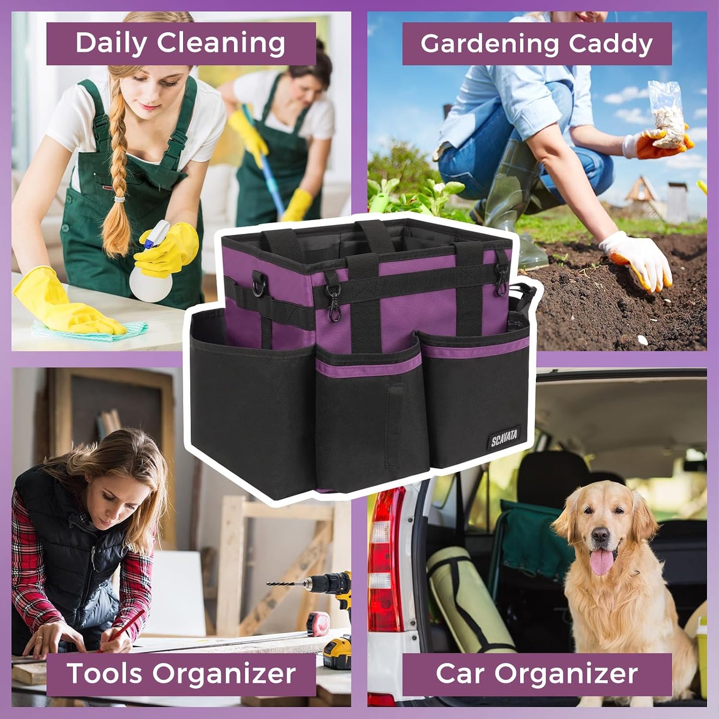 SCAVATA Compact Wearable Cleaning Caddy with Handle & Shoulder Straps | Small Cleaning Supplies Organizer, Under Sink & Car Cleaning Tools Storage Bag for Housekeepers Cleaners, Black