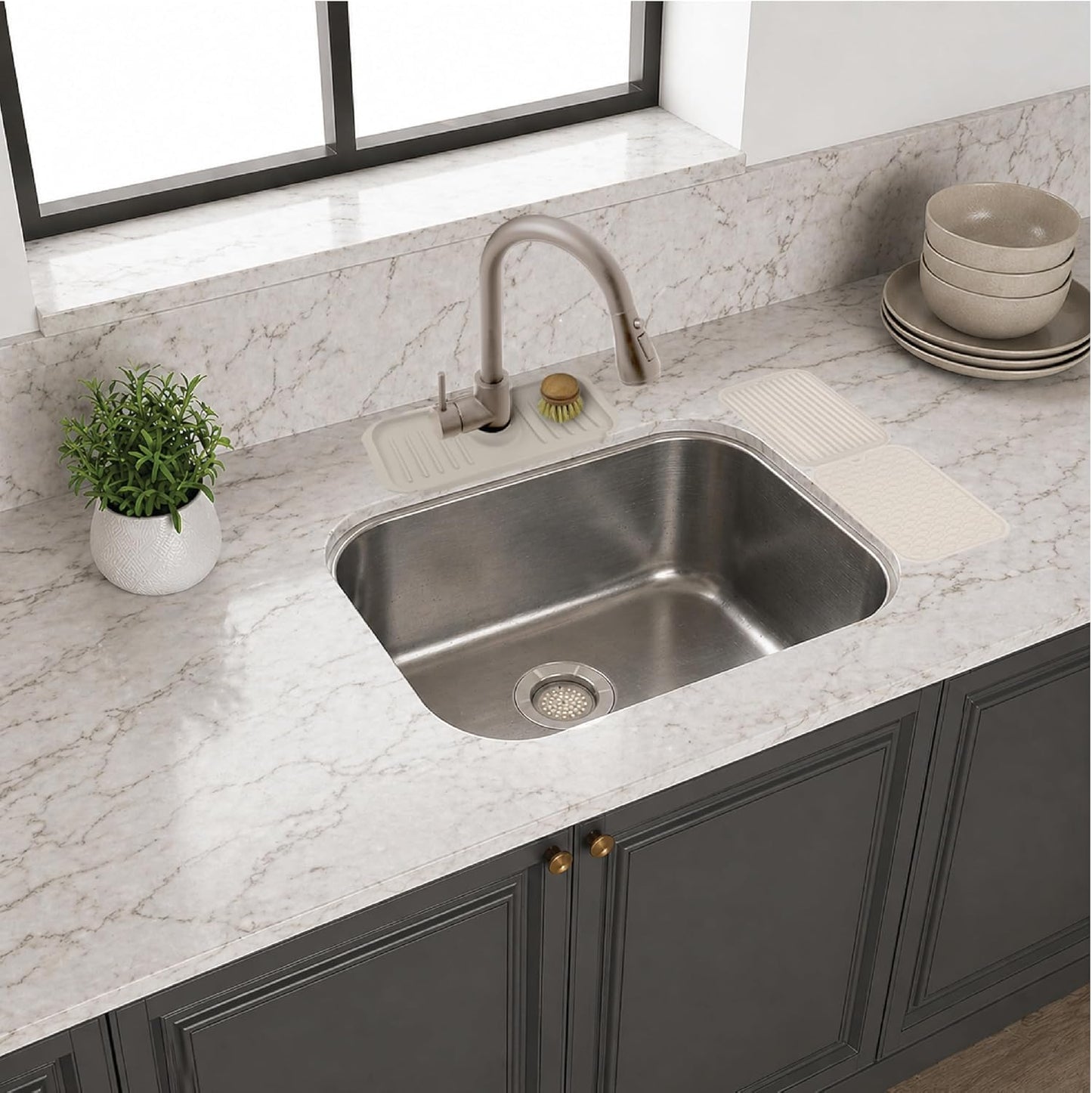 Clorox KeptClean™ 3-Piece Kitchen Sink Set with Two Interlocking Non-Slip Dish Drying Mats and Self-Draining Faucet Guard Splash Protector for Sink Areas, Almond Cream