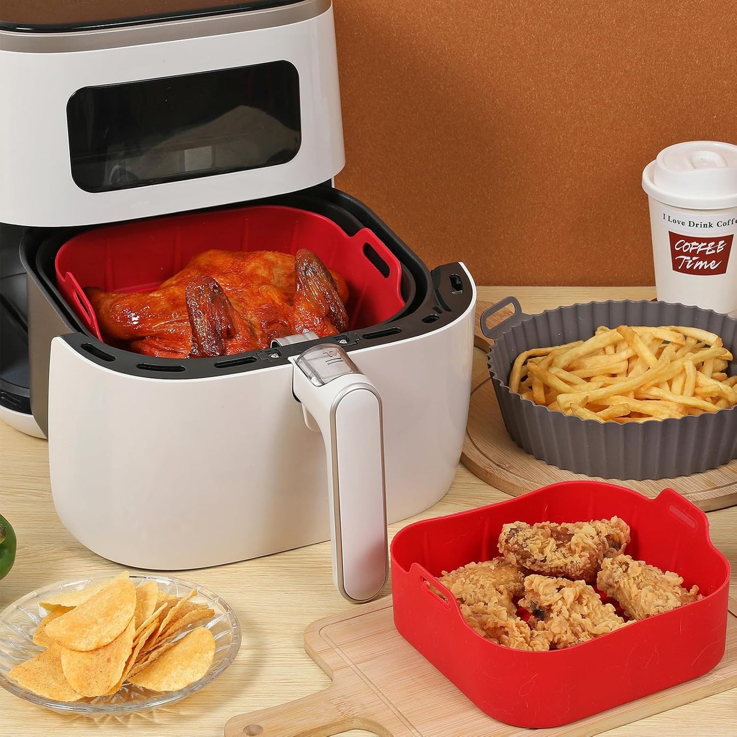 2Pcs Air Fryer Silicone Liners Fit 3-5QT Air fryer, Reusable Food Grade Silicone Air fryer Liners Baking Tray Basket Accessories(Round, 6.5 Inch)