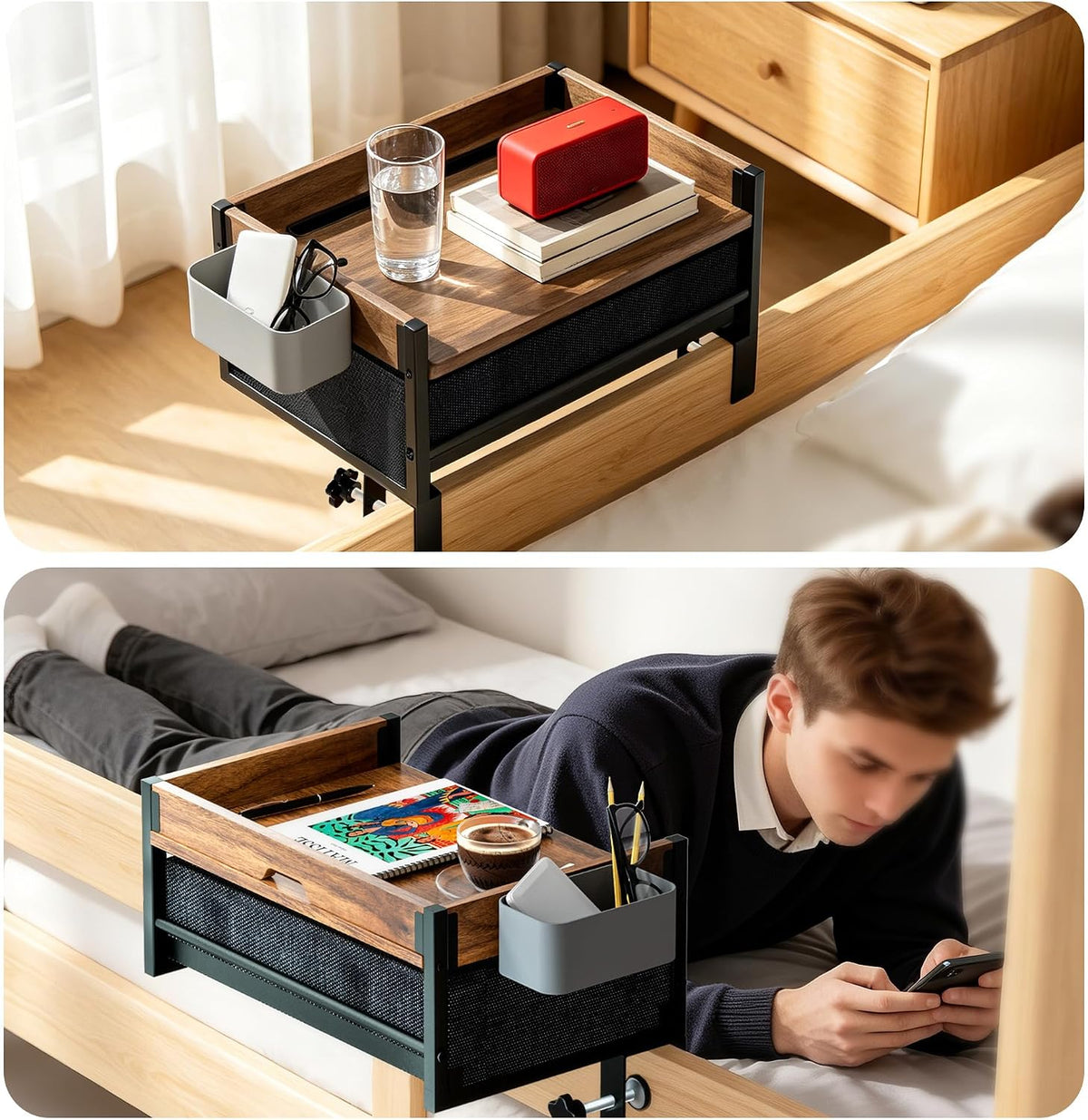 Bedside Shelf for Dorm Room, 2 Tier On Bed Side Table Loft Shelf for Bunk Bed, Bedside Tray with Cable Management, Under Mattress Bedside Shelf, Back to School