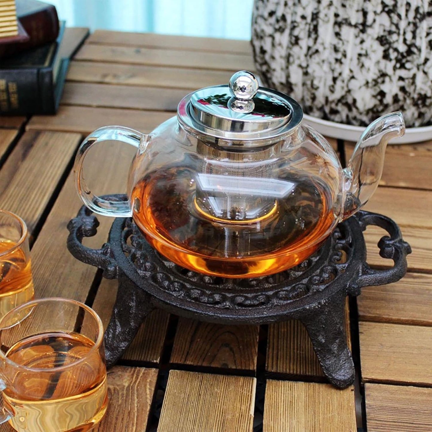 6.1 Inches Cast Iron Teapot Warmer Dish Cups Trivet,Flower-Shaped Design with Tealight Holder - Heavy Duty & Decorative Candle Holder Stands for Heat Food Coffee Milk or Tea